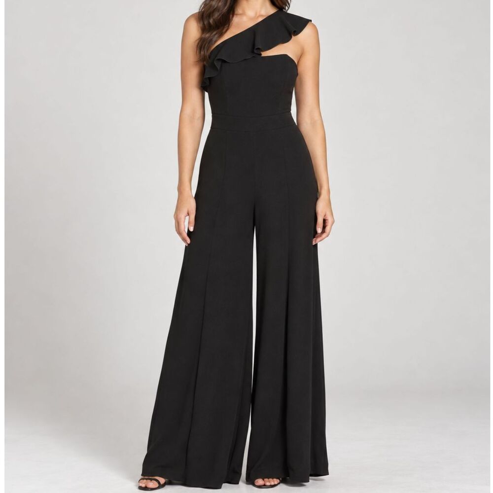 Black One Shoulder Ruffle Jumpsuit Medium Wide Leg Formal Outfit